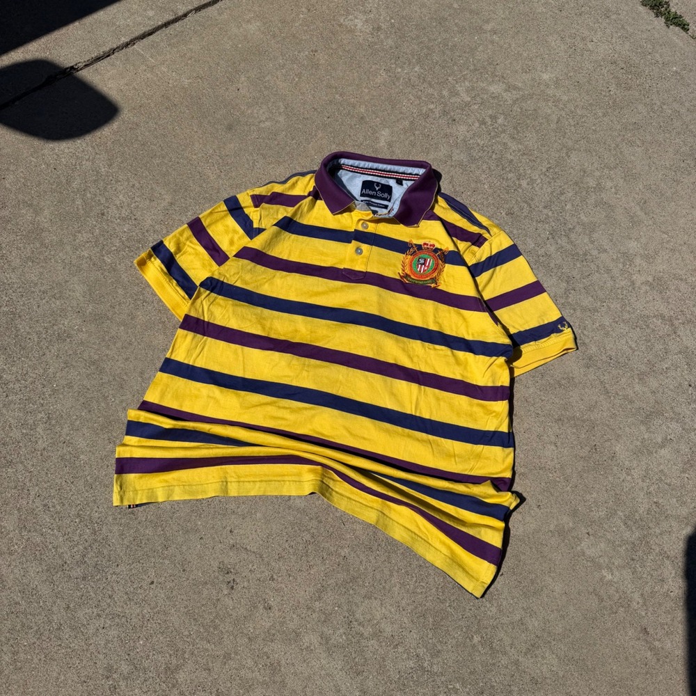 ALLEN SOLLY | Mens Striped Crest Polo Shirt XL Yellow Purple Preppy Retro
